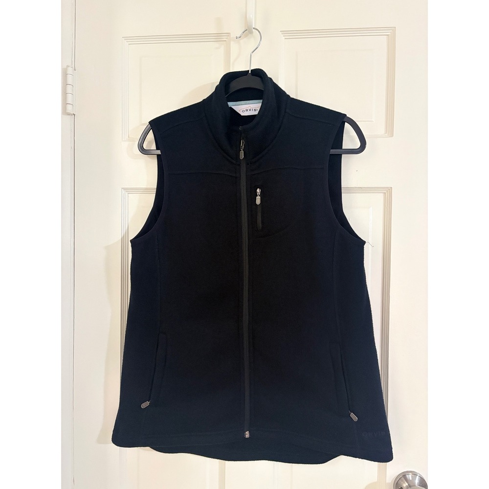 Orvis Mens Black Sweater Fleece Full Zip R65 Vest Mock Neck Large Pockets